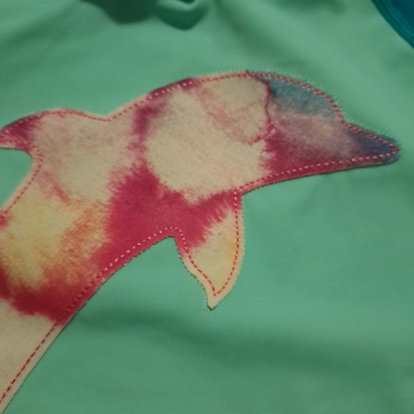 Lands End girls size 14 2 tone teal rashguard with dolphin applique - Picture 2 of 5